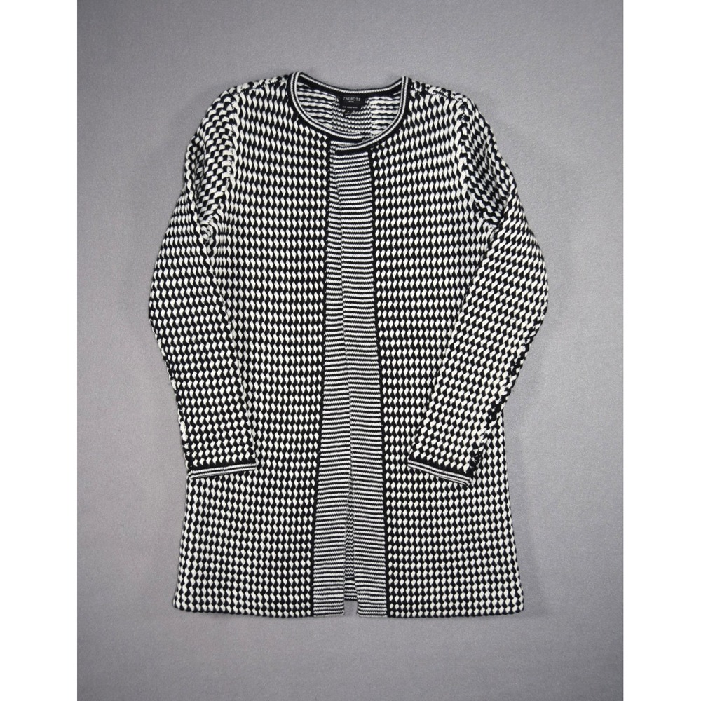 Talbots Sweater Womens Small P Wool Black White Woven Knit Cardigan Open Front